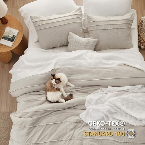 Beige Queen Comforter Set - 4 Pieces Pinch Pleat Bed Set, Down Alternative Bedding Sets for All Season, 1 Comforter, 2 Pillowcases, 1 Decorative Pillow