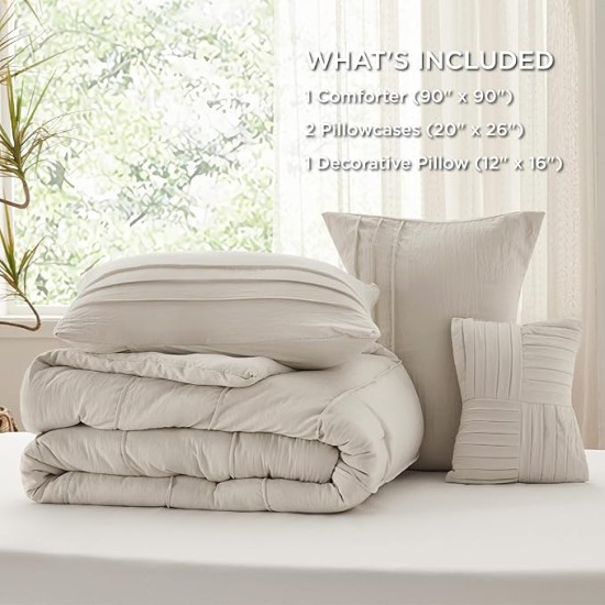 Beige Queen Comforter Set - 4 Pieces Pinch Pleat Bed Set, Down Alternative Bedding Sets for All Season, 1 Comforter, 2 Pillowcases, 1 Decorative Pillow