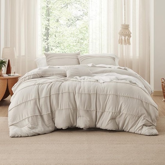 Beige Queen Comforter Set - 4 Pieces Pinch Pleat Bed Set, Down Alternative Bedding Sets for All Season, 1 Comforter, 2 Pillowcases, 1 Decorative Pillow