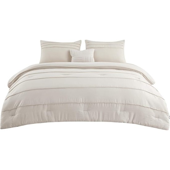 Beige Queen Comforter Set - 4 Pieces Pinch Pleat Bed Set, Down Alternative Bedding Sets for All Season, 1 Comforter, 2 Pillowcases, 1 Decorative Pillow