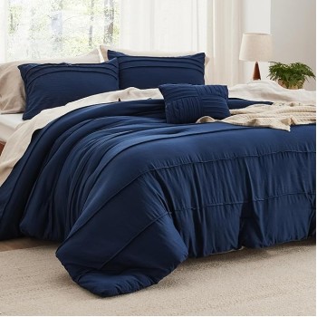 Navy Blue Queen Comforter Set - 4 Pieces Pinch Pleat Bed Set, Down Alternative Bedding Sets for All Season, 1 Comforter, 2 Pillowcases, 1 Decorative Pillow