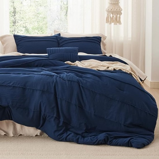 Navy Blue Queen Comforter Set - 4 Pieces Pinch Pleat Bed Set, Down Alternative Bedding Sets for All Season, 1 Comforter, 2 Pillowcases, 1 Decorative Pillow