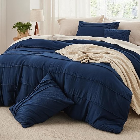 Navy Blue Queen Comforter Set - 4 Pieces Pinch Pleat Bed Set, Down Alternative Bedding Sets for All Season, 1 Comforter, 2 Pillowcases, 1 Decorative Pillow