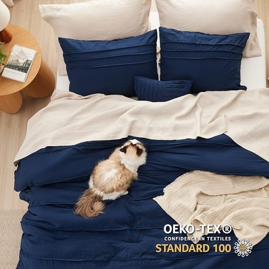 Navy Blue Queen Comforter Set - 4 Pieces Pinch Pleat Bed Set, Down Alternative Bedding Sets for All Season, 1 Comforter, 2 Pillowcases, 1 Decorative Pillow