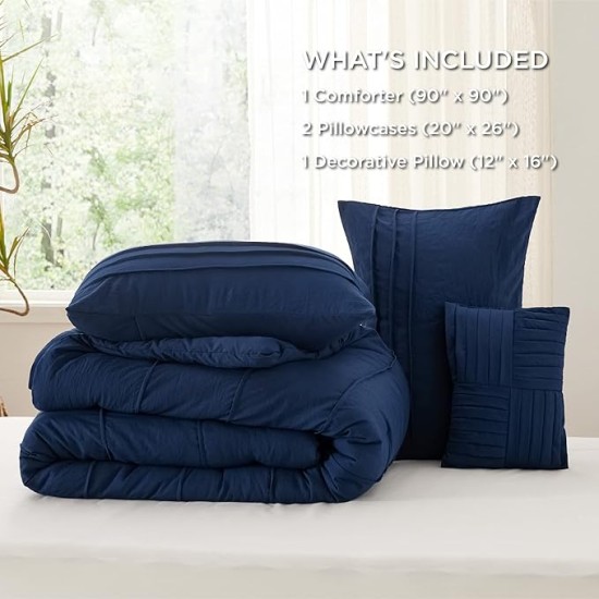 Navy Blue Queen Comforter Set - 4 Pieces Pinch Pleat Bed Set, Down Alternative Bedding Sets for All Season, 1 Comforter, 2 Pillowcases, 1 Decorative Pillow