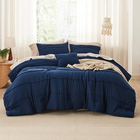 Navy Blue Queen Comforter Set - 4 Pieces Pinch Pleat Bed Set, Down Alternative Bedding Sets for All Season, 1 Comforter, 2 Pillowcases, 1 Decorative Pillow