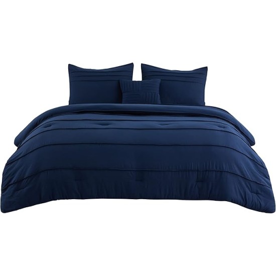 Navy Blue Queen Comforter Set - 4 Pieces Pinch Pleat Bed Set, Down Alternative Bedding Sets for All Season, 1 Comforter, 2 Pillowcases, 1 Decorative Pillow