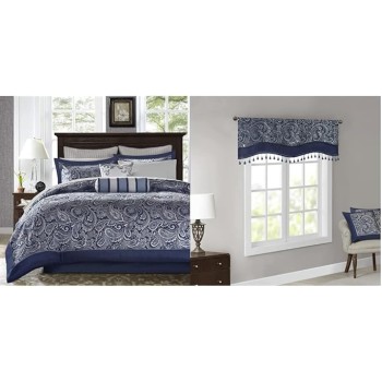Aubrey Paisley Jacquard Comforter Set with Curtains, King 12 Piece Navy