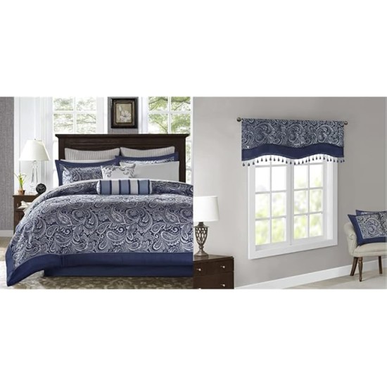 Aubrey Paisley Jacquard Comforter Set with Curtains, King 12 Piece Navy