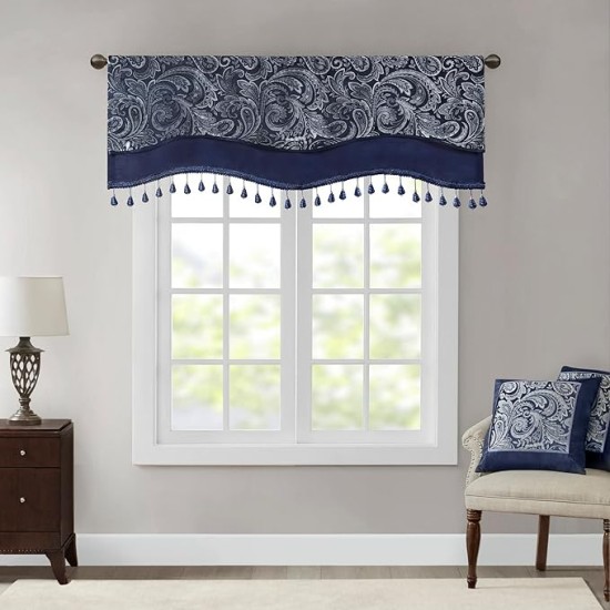 Aubrey Paisley Jacquard Comforter Set with Curtains, King 12 Piece Navy