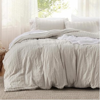 Boho Comforter Set Queen - Tufted Bedding Comforter Set, 3 Pieces Farmhouse Shabby Chic Embroidery Bed Set Linen Color, Striped Pattern Comforter for All Seasons