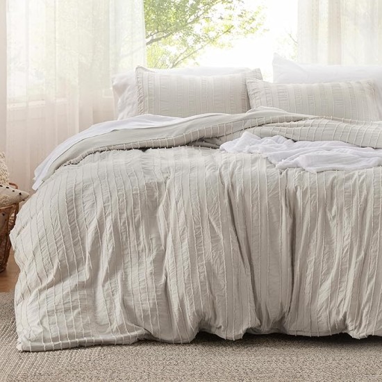 Boho Comforter Set Queen - Tufted Bedding Comforter Set, 3 Pieces Farmhouse Shabby Chic Embroidery Bed Set Linen Color, Striped Pattern Comforter for All Seasons