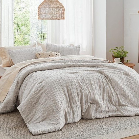Boho Comforter Set Queen - Tufted Bedding Comforter Set, 3 Pieces Farmhouse Shabby Chic Embroidery Bed Set Linen Color, Striped Pattern Comforter for All Seasons