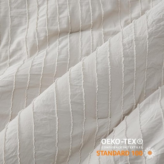 Boho Comforter Set Queen - Tufted Bedding Comforter Set, 3 Pieces Farmhouse Shabby Chic Embroidery Bed Set Linen Color, Striped Pattern Comforter for All Seasons