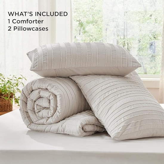 Boho Comforter Set Queen - Tufted Bedding Comforter Set, 3 Pieces Farmhouse Shabby Chic Embroidery Bed Set Linen Color, Striped Pattern Comforter for All Seasons