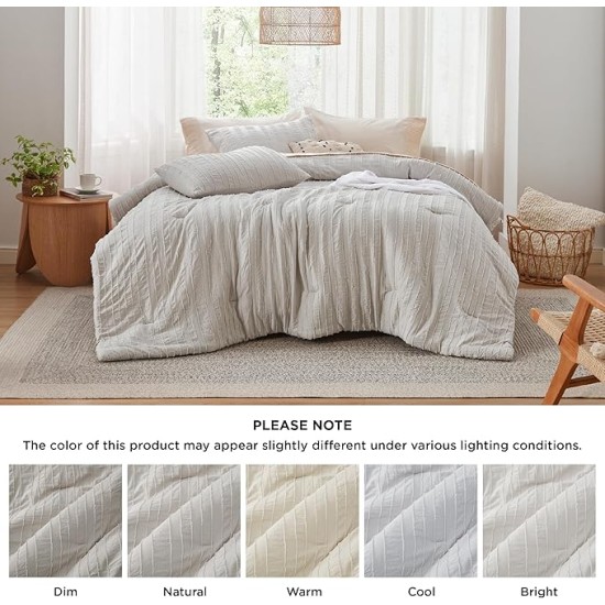 Boho Comforter Set Queen - Tufted Bedding Comforter Set, 3 Pieces Farmhouse Shabby Chic Embroidery Bed Set Linen Color, Striped Pattern Comforter for All Seasons