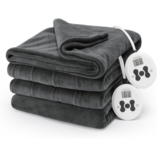 Electric Royal Luxe Microplush Heated Blanket 12 Heat Settings, 12-Hour Selectable Auto Shut-Off, Fast Heating, Warm and Cozy, Jet Grey Color, Queen, 90" x 84"