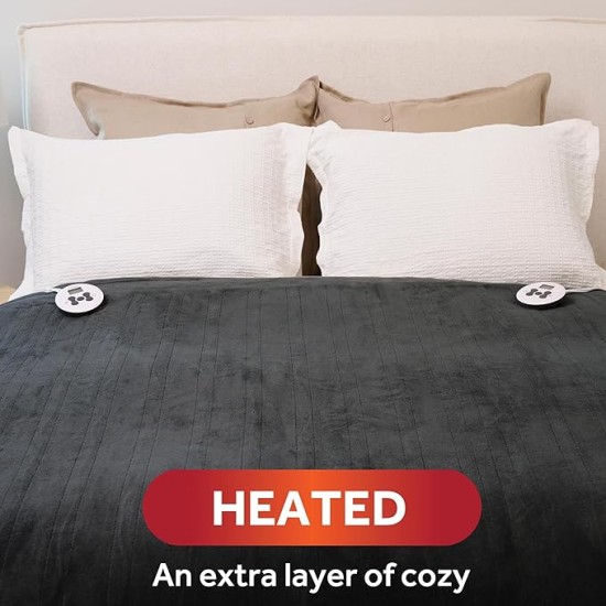 Electric Royal Luxe Microplush Heated Blanket 12 Heat Settings, 12-Hour Selectable Auto Shut-Off, Fast Heating, Warm and Cozy, Jet Grey Color, Queen, 90" x 84"