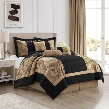 Black and Gold Comforter Sets for King Bed, 7 Piece, Home Decor, Premium Lightweight Microfiber, Matching Bedskirt, Pillows & Shams