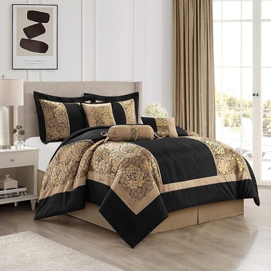 Black and Gold Comforter Sets for King Bed, 7 Piece, Home Decor, Premium Lightweight Microfiber, Matching Bedskirt, Pillows & Shams