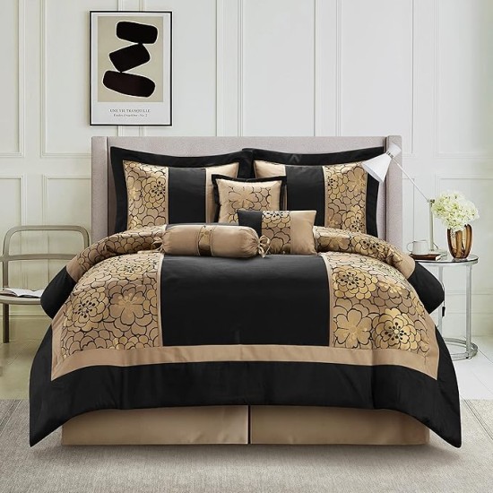 Black and Gold Comforter Sets for King Bed, 7 Piece, Home Decor, Premium Lightweight Microfiber, Matching Bedskirt, Pillows & Shams