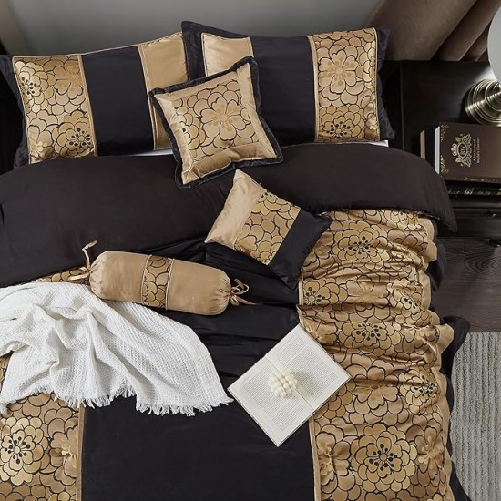 Black and Gold Comforter Sets for King Bed, 7 Piece, Home Decor, Premium Lightweight Microfiber, Matching Bedskirt, Pillows & Shams
