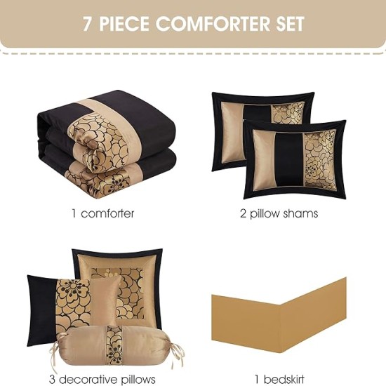 Black and Gold Comforter Sets for King Bed, 7 Piece, Home Decor, Premium Lightweight Microfiber, Matching Bedskirt, Pillows & Shams