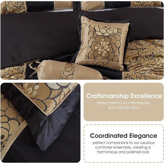 Black and Gold Comforter Sets for King Bed, 7 Piece, Home Decor, Premium Lightweight Microfiber, Matching Bedskirt, Pillows & Shams