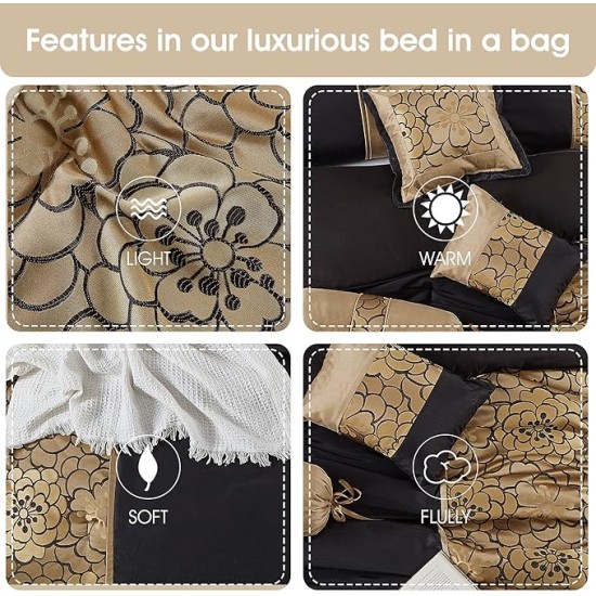 Black and Gold Comforter Sets for King Bed, 7 Piece, Home Decor, Premium Lightweight Microfiber, Matching Bedskirt, Pillows & Shams