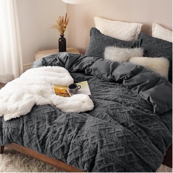 Fluffy Comforter Cover Set - Faux Fur Duvet Cover Queen Size, Dark Grey Plush Quilt Cover, 3 Pieces,1 Duvet Cover (90"x90") with Zipper Closure & 2 Pillow Shams, Comforter Not Included