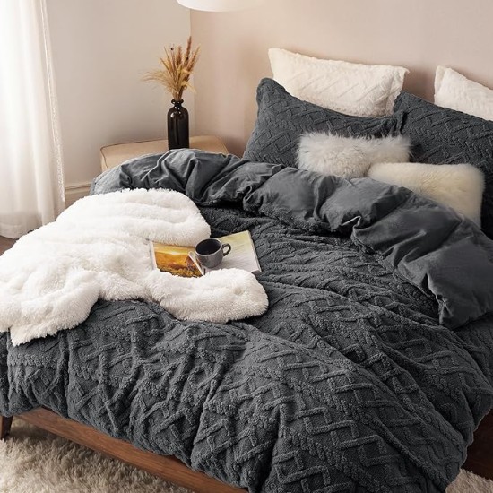 Fluffy Comforter Cover Set - Faux Fur Duvet Cover Queen Size, Dark Grey Plush Quilt Cover, 3 Pieces,1 Duvet Cover (90"x90") with Zipper Closure & 2 Pillow Shams, Comforter Not Included