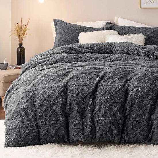 Fluffy Comforter Cover Set - Faux Fur Duvet Cover Queen Size, Dark Grey Plush Quilt Cover, 3 Pieces,1 Duvet Cover (90"x90") with Zipper Closure & 2 Pillow Shams, Comforter Not Included