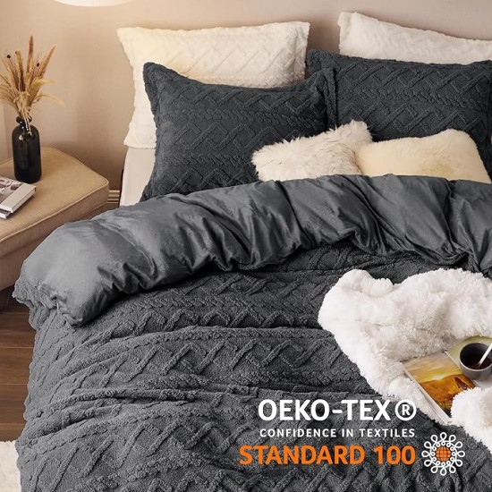 Fluffy Comforter Cover Set - Faux Fur Duvet Cover Queen Size, Dark Grey Plush Quilt Cover, 3 Pieces,1 Duvet Cover (90"x90") with Zipper Closure & 2 Pillow Shams, Comforter Not Included