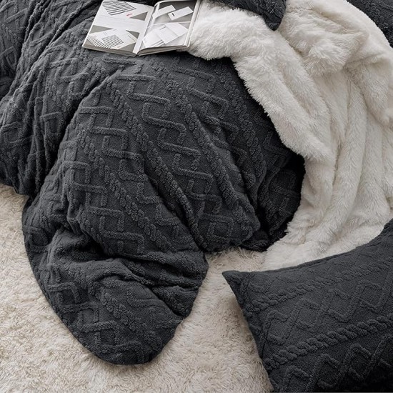 Fluffy Comforter Cover Set - Faux Fur Duvet Cover Queen Size, Dark Grey Plush Quilt Cover, 3 Pieces,1 Duvet Cover (90"x90") with Zipper Closure & 2 Pillow Shams, Comforter Not Included