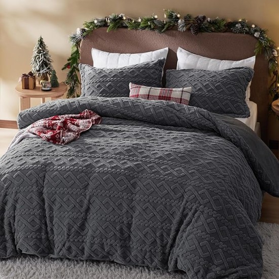 Fluffy Comforter Cover Set - Faux Fur Duvet Cover Queen Size, Dark Grey Plush Quilt Cover, 3 Pieces,1 Duvet Cover (90"x90") with Zipper Closure & 2 Pillow Shams, Comforter Not Included