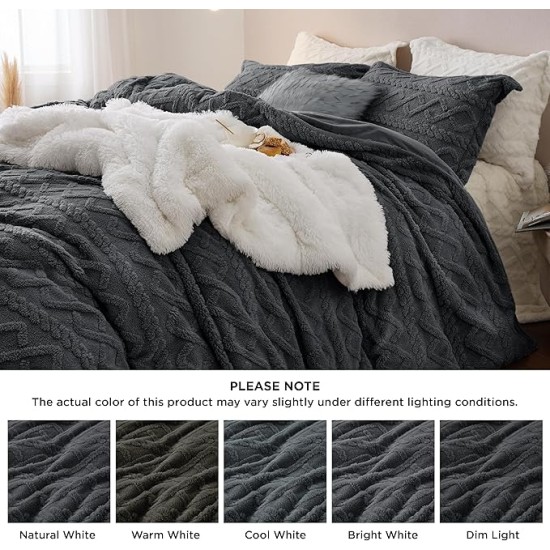 Fluffy Comforter Cover Set - Faux Fur Duvet Cover Queen Size, Dark Grey Plush Quilt Cover, 3 Pieces,1 Duvet Cover (90"x90") with Zipper Closure & 2 Pillow Shams, Comforter Not Included