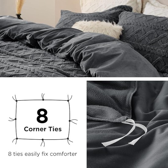 Fluffy Comforter Cover Set - Faux Fur Duvet Cover Queen Size, Dark Grey Plush Quilt Cover, 3 Pieces,1 Duvet Cover (90"x90") with Zipper Closure & 2 Pillow Shams, Comforter Not Included