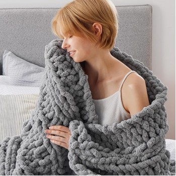 Chunky Knit Blanket Throw - 5.06 lbs 100% Hand Knit Chenille Chunky Throw Blanket for Couch, Thick and Warm Christmas Blanket for Winter, Grey, 50x60 Inches