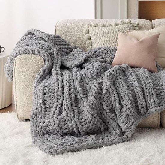 Chunky Knit Blanket Throw - 5.06 lbs 100% Hand Knit Chenille Chunky Throw Blanket for Couch, Thick and Warm Christmas Blanket for Winter, Grey, 50x60 Inches