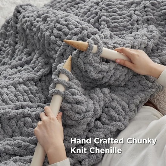 Chunky Knit Blanket Throw - 5.06 lbs 100% Hand Knit Chenille Chunky Throw Blanket for Couch, Thick and Warm Christmas Blanket for Winter, Grey, 50x60 Inches