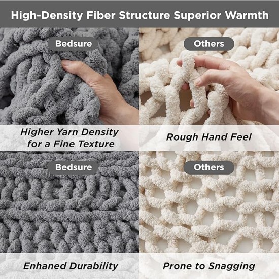 Chunky Knit Blanket Throw - 5.06 lbs 100% Hand Knit Chenille Chunky Throw Blanket for Couch, Thick and Warm Christmas Blanket for Winter, Grey, 50x60 Inches