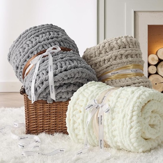 Chunky Knit Blanket Throw - 5.06 lbs 100% Hand Knit Chenille Chunky Throw Blanket for Couch, Thick and Warm Christmas Blanket for Winter, Grey, 50x60 Inches