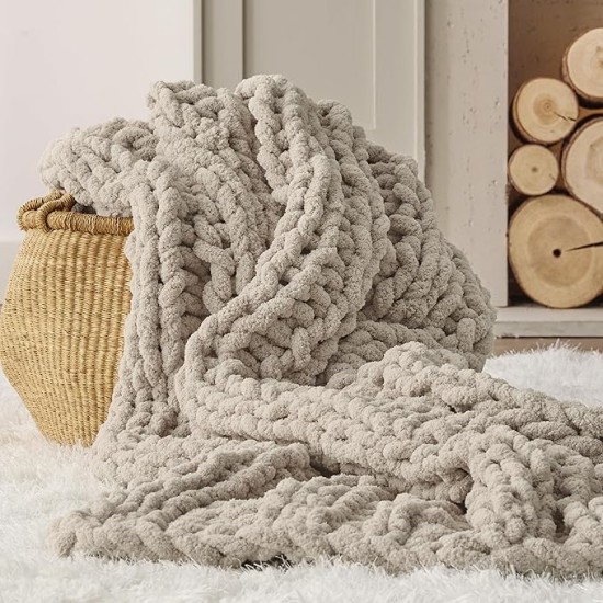 Chunky Knit Blanket Throw - 5.06 lbs 100% Hand Knit Chenille Throw Blanket for Couch, Christmas Thick and Soft Cable Knit Crochet Blanket for Bed Home Decor, Linen Beige, 50x60 Inches