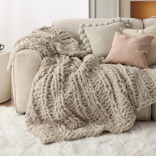 Chunky Knit Blanket Throw - 5.06 lbs 100% Hand Knit Chenille Throw Blanket for Couch, Christmas Thick and Soft Cable Knit Crochet Blanket for Bed Home Decor, Linen Beige, 50x60 Inches