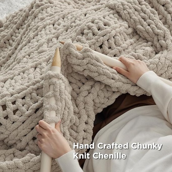 Chunky Knit Blanket Throw - 5.06 lbs 100% Hand Knit Chenille Throw Blanket for Couch, Christmas Thick and Soft Cable Knit Crochet Blanket for Bed Home Decor, Linen Beige, 50x60 Inches