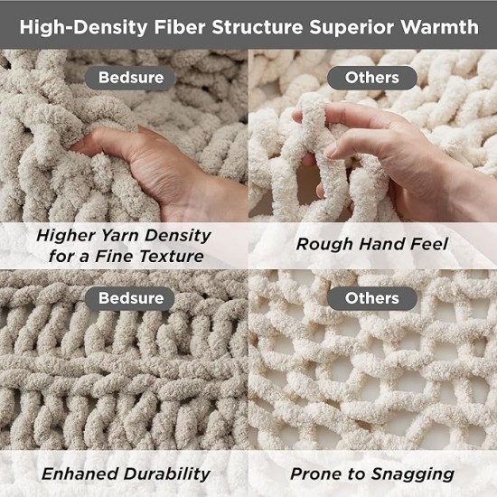 Chunky Knit Blanket Throw - 5.06 lbs 100% Hand Knit Chenille Throw Blanket for Couch, Christmas Thick and Soft Cable Knit Crochet Blanket for Bed Home Decor, Linen Beige, 50x60 Inches