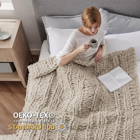 Chunky Knit Blanket Throw - 5.06 lbs 100% Hand Knit Chenille Throw Blanket for Couch, Christmas Thick and Soft Cable Knit Crochet Blanket for Bed Home Decor, Linen Beige, 50x60 Inches