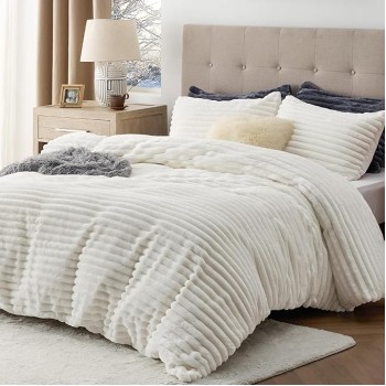 Fluffy Duvet Cover Set - Ultra Soft Plush Shaggy Comforter Cover Queen Size, Warm Flannel Fleece Bed Sets for Winter, 3 Pieces, 1 Duvet Cover & 2 Pillowcases (Striped Pattern, Coconut White)