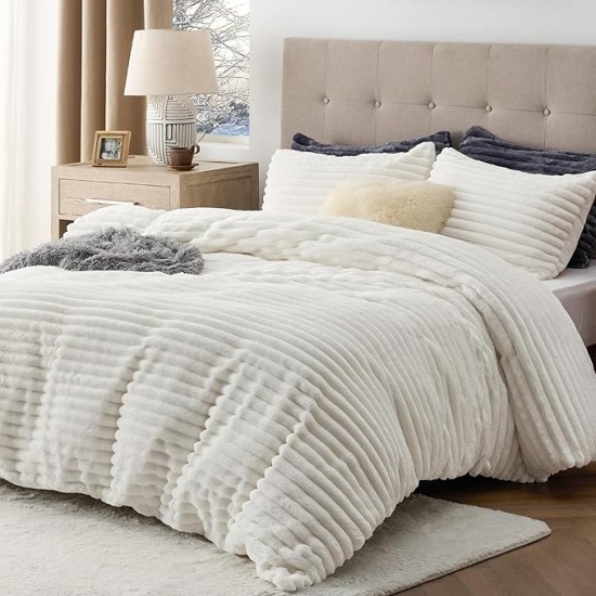 Fluffy Duvet Cover Set - Ultra Soft Plush Shaggy Comforter Cover Queen Size, Warm Flannel Fleece Bed Sets for Winter, 3 Pieces, 1 Duvet Cover & 2 Pillowcases (Striped Pattern, Coconut White)
