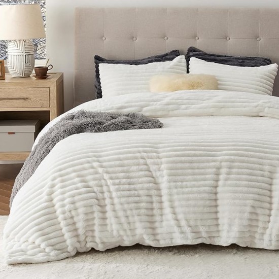Fluffy Duvet Cover Set - Ultra Soft Plush Shaggy Comforter Cover Queen Size, Warm Flannel Fleece Bed Sets for Winter, 3 Pieces, 1 Duvet Cover & 2 Pillowcases (Striped Pattern, Coconut White)